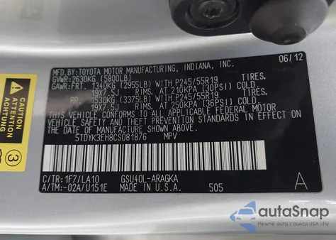 2012 Toyota Highlander Limited V6 z USA, uszkodzony, nr VIN 5TDYK3EH8CS081876